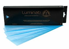 Luminati filter packaging with blue highlight films on a white background