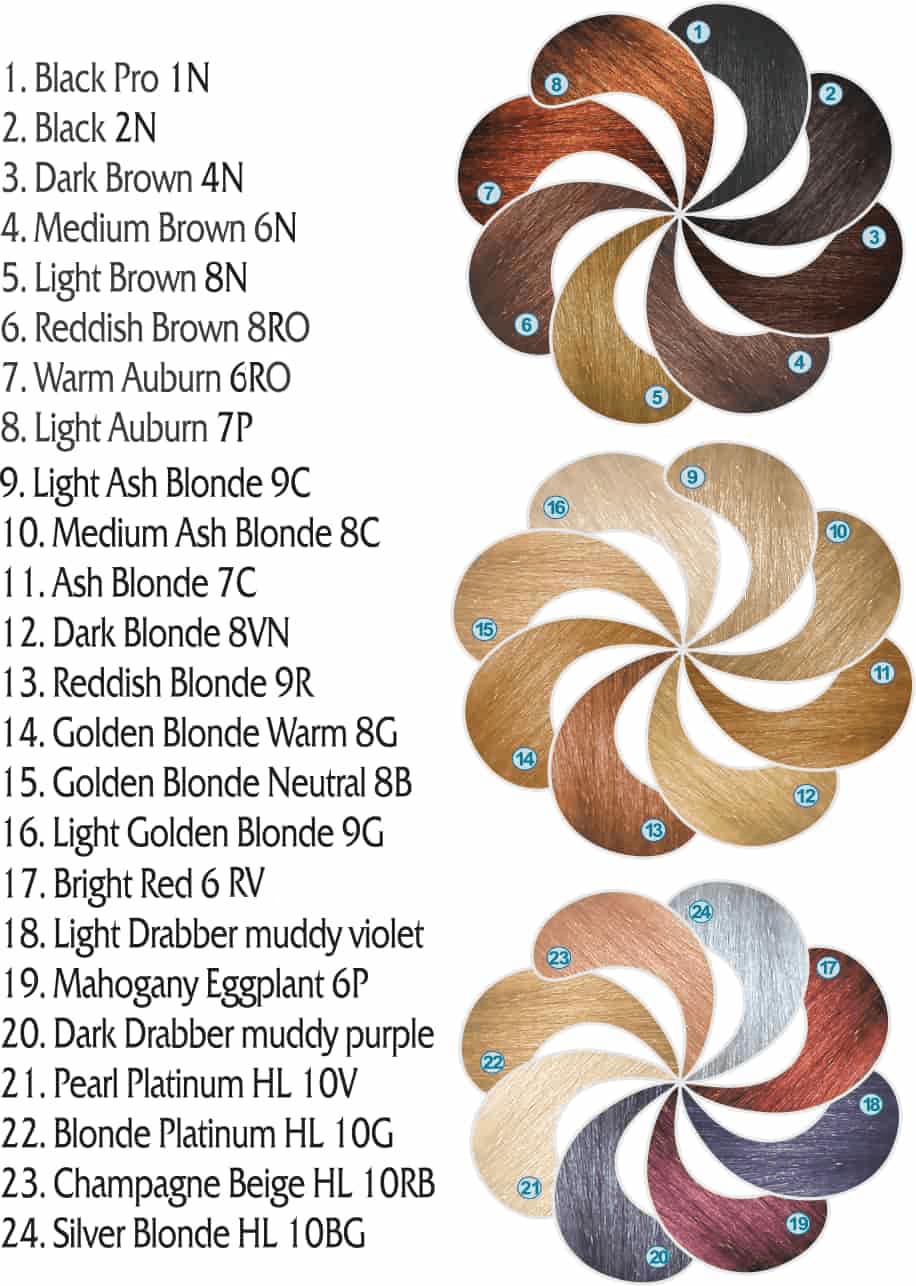 Color swatches with corresponding names for hair color shades.