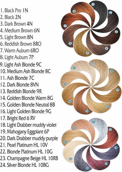 Color swatches with corresponding names for hair color shades.